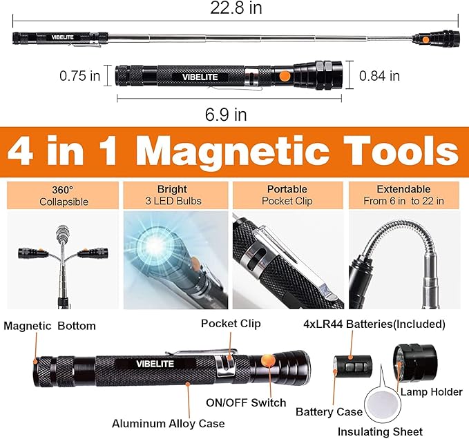 VIBELITE Gifts for Dad, Magnetic Pickup Tool and 6 in 1 Multitool Pen with Touch Screen Stylus