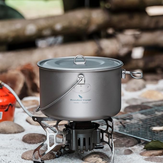 iBasingo 1.95L (1950ml) Titanium Pot with Lid Ultralight Camping Cookware for Backpacking, Hiking &