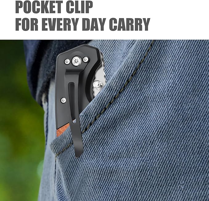 Vickay Pocket Knife, Folding Knife with Clip - 3.54??Tanto Blade, Wood Handle EDC Knife for Men &