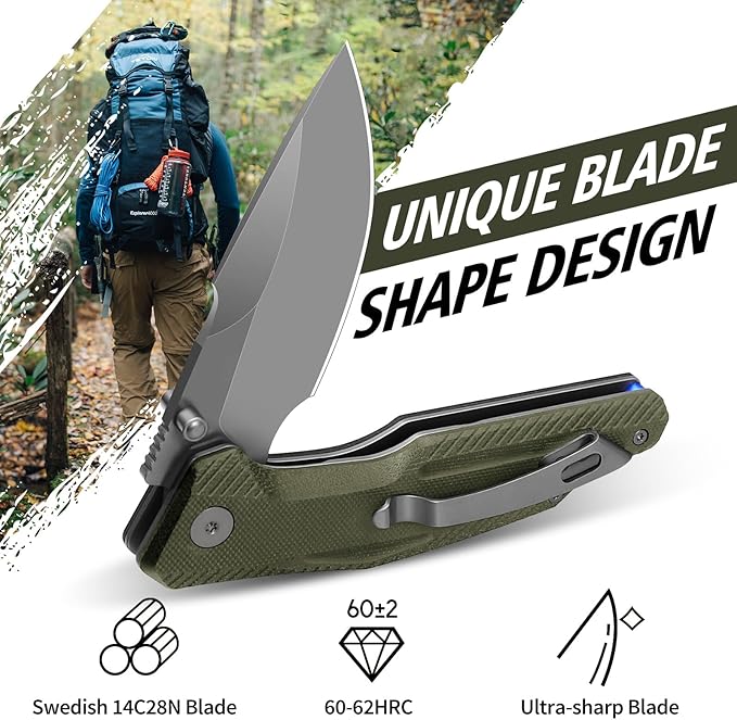 FINTISO Pocket Knife, 3.26" Premium 14C28N Blade G10 Handle with Fire Starter Function, Folding