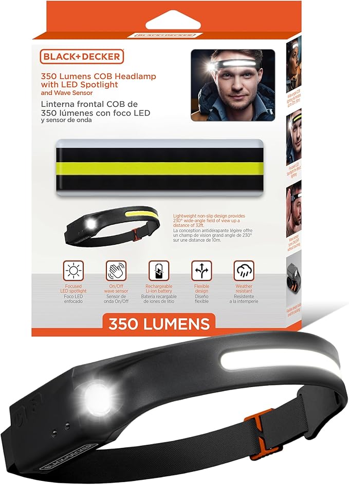 BLACK+DECKER Rechargeable Headlamp with Flashlight & Wave Sensor, 350 Lumens LED 230° Wide Beam