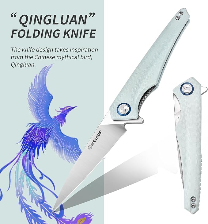 Qingluan Folding Knife with Pocket Clip, D2 Steel Blade 3.54'' and G10 Handle Outdoor Adventure