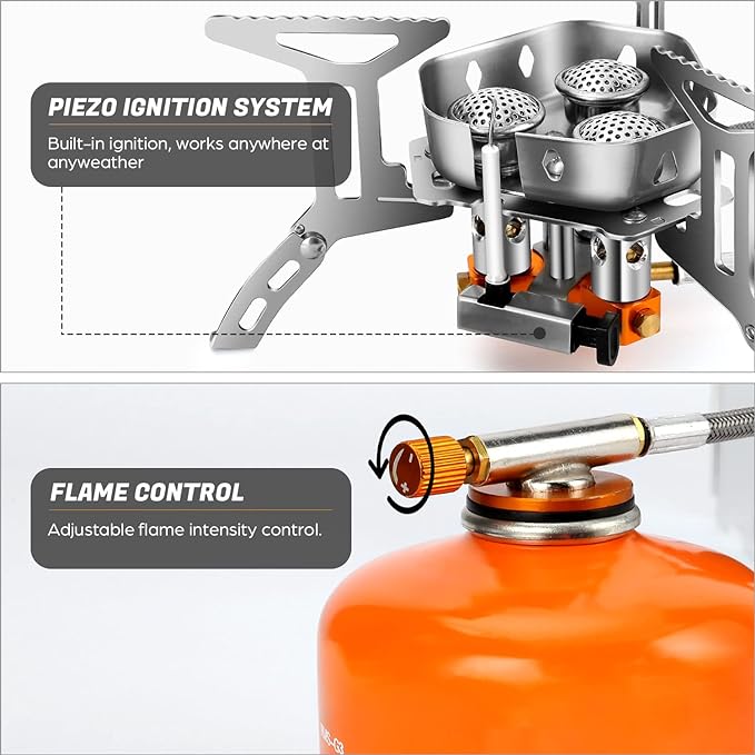 Odoland 3500W/6800W Windproof Camp Stove Camping Gas Stove with Fuel Canister Adapter, Piezo