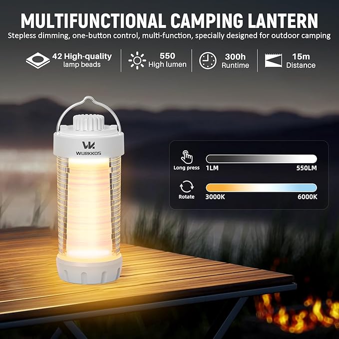 Wurkkos CL01 Camping Lantern Rechargeable, 550LM Waterproof Tent Light with Magnet Base, Up to 300H