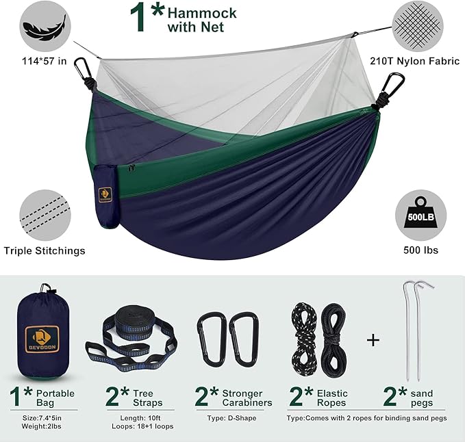 Camping Hammock with Net,Travel Portable Lightweight Hammocks with Tree Straps and Solid D-Shape