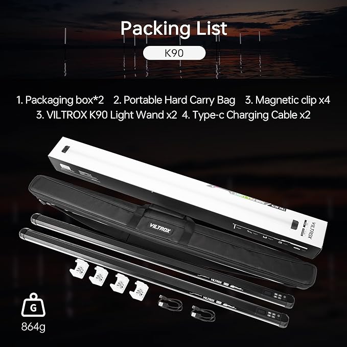 VILTROX K90 2 Pack RGB Tube Light, 30W 38inch Large RGBWY Photography LED Video Stick Light Wand