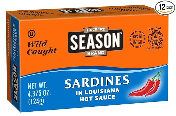 Season Sardines in Hot Sauce - Wild Caught, 24g of Protein, Keto Snacks, More Omega 3's Than Tuna