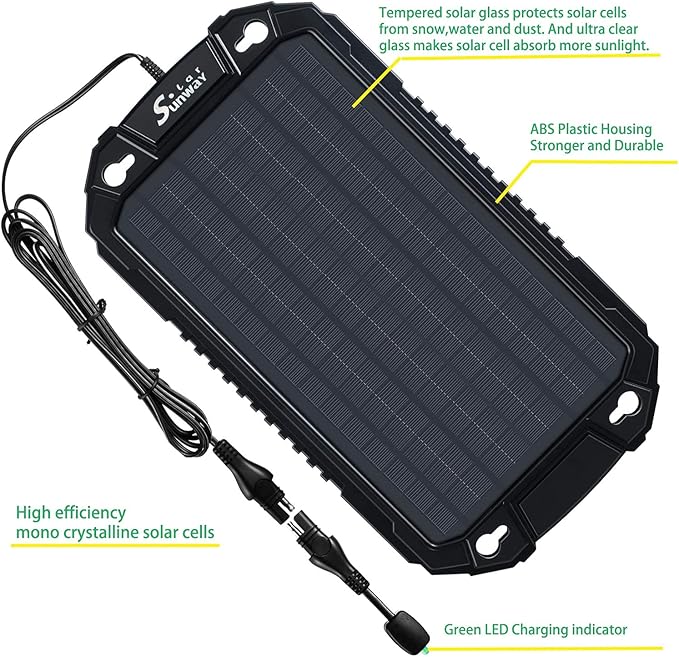 Sunway Solar Car Battery Trickle Charger & Maintainer 12Volt 8W Solar Panel Power Charger kit