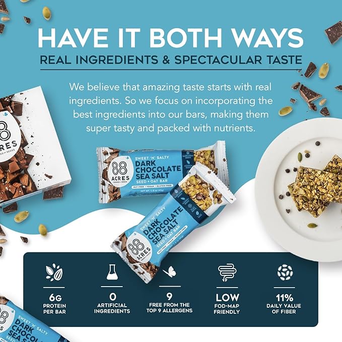 88 Acres Granola Bars | Dark Chocolate Sea Salt | Gluten Free, Nut-Free Oat and Seed Snack Bar |