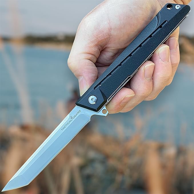 TACTICAL GEARZ Pocket Folding Knife for EDC, G10 Handle, D2 Steel Tanto Blade, Includes Sheath (Nyx)