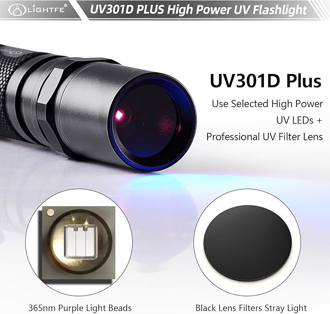 LIGHTFE Black Light 365nm UV Flashlight UV301D-Plus Vision with SSC UV LED, Max. 3000mW Power