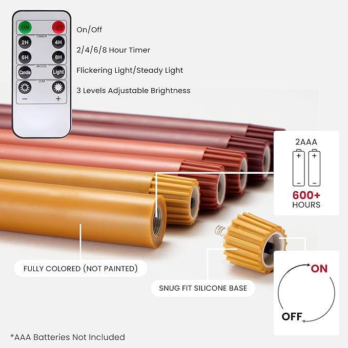 Fall Flameless Taper Candles with Remote and Timer, 10" 6pk LED Candlesticks, Battery Operated