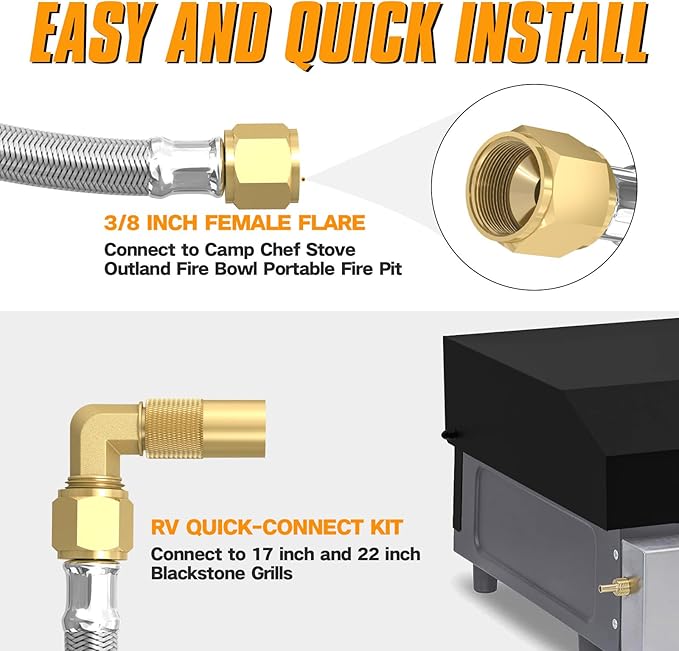 12FT RV Quick Connect Propane Hose with 1/4" Safety Shutoff Valve, Stainless Steel & Brass, Silver