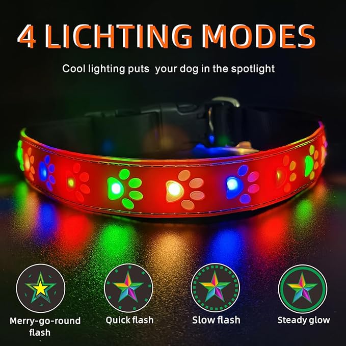 LED Light Up Dog Collar, USB-C Rechargeable, Multicolor Paw Print Design, 15 Modes Lighting Night