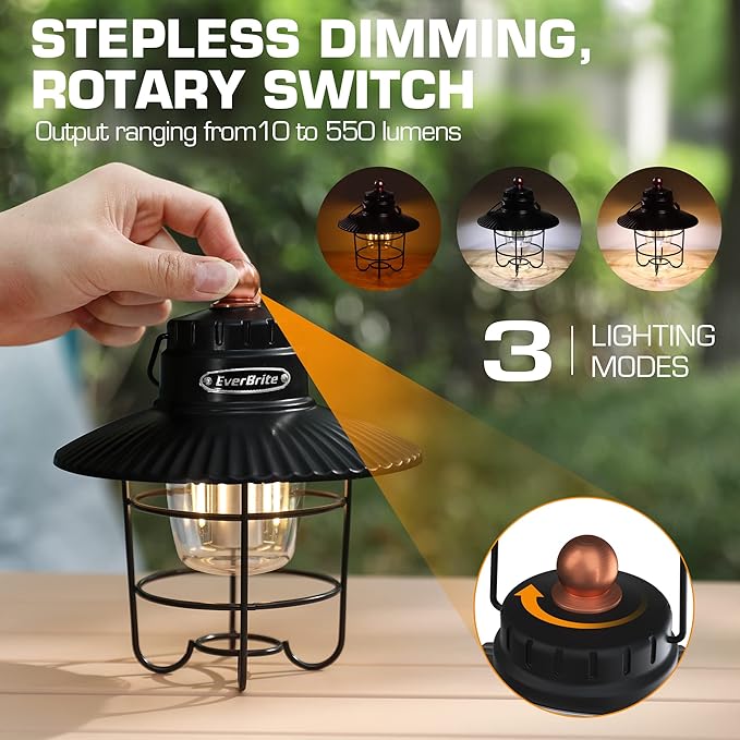 EverBrite LED Camping Lantern, USB C Rechargeable Lantern with 3 Light Modes, Vintage Outdoor