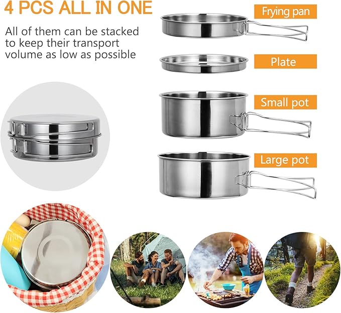 Lixada Camping Cookware Set, 4PCS Portable Stainless Steel Camp Cook Set, Lightweight Stackable