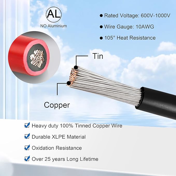 5 FT 10AWG Solar Panel Extension Cable,10 Gauge Extension Cord,5FT 10FT 20FT 30FT 50FT 100FT Solar