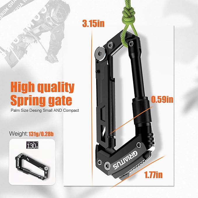 Carabiner Multitool 8-in-1 EDC Carabiners Pocket Knife, Serrated Knife, Rope Cutter, Screwdriver