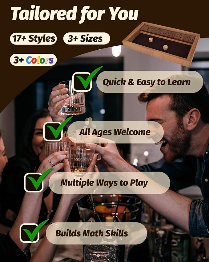Deluxe 2-8 Player Original Shut The Box Game, Math Dice Board Game for Family Night Classroom