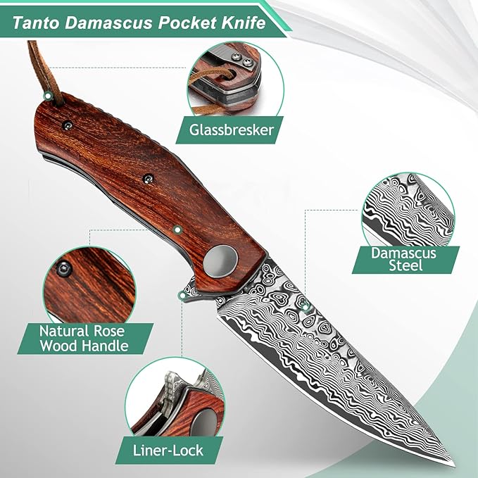 Benkey Damascus Folding Knife with Clip Leather Sheath Camping Knife EDC, Sharp Damascus Pocket