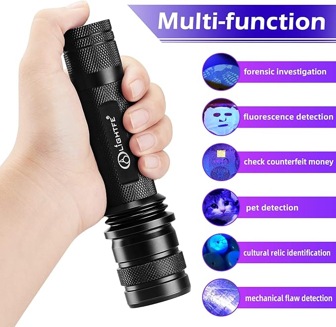 LIGHTFE-P30D Uniform UV Light Flashlight, High-Power 365nm UVLED, Suitable for ore, Jade, Pet Urine