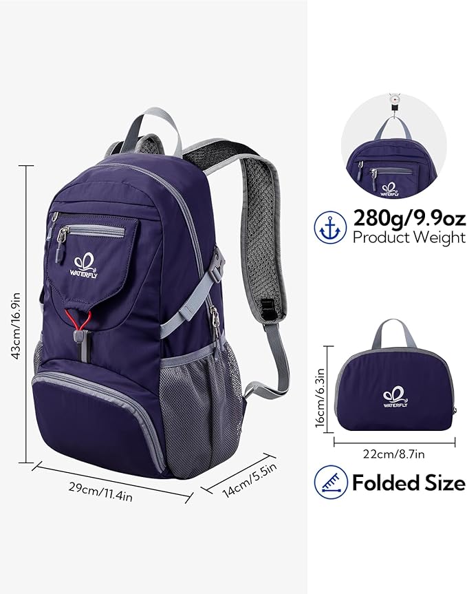 WATERFLY Small Lightweight Packable Backpack: 20l Ultra Light Foldable Travel Hiking Camping
