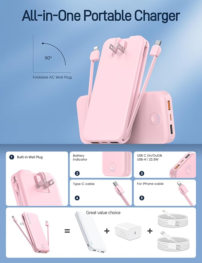 Portable Charger with Built in Cable and AC Wall Plug, USB C Power Bank 12000mAh 22.5W Super Fast