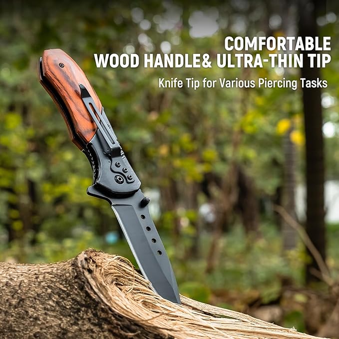 Pocket Knife for Men - 3.46" Sharp Blade Wood Handle Pocket Folding Knives with Clip, Glass Breaker
