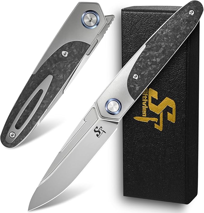 Sitivien ST992 Folding Pocket Knife,Handmade M390 Pearlescent Brushed Steel Blade,Titanium Carbon