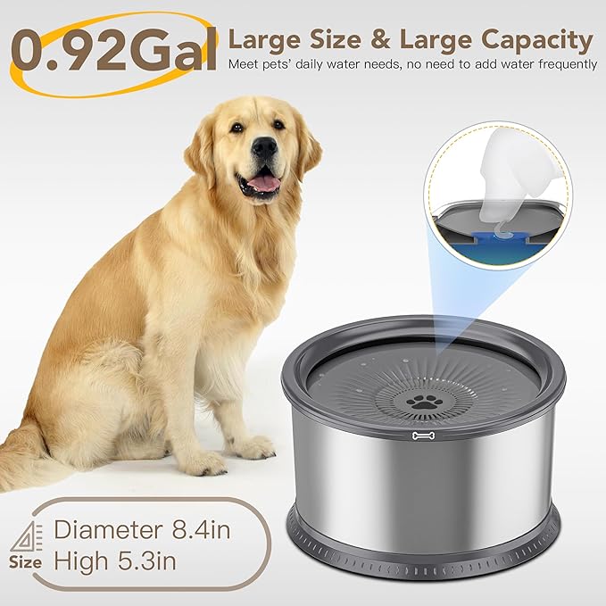 3.5L/118oz Dog Water Bowl, No Spill Stainless Steel Slow Water Bowl for Medium Large Dogs, Large