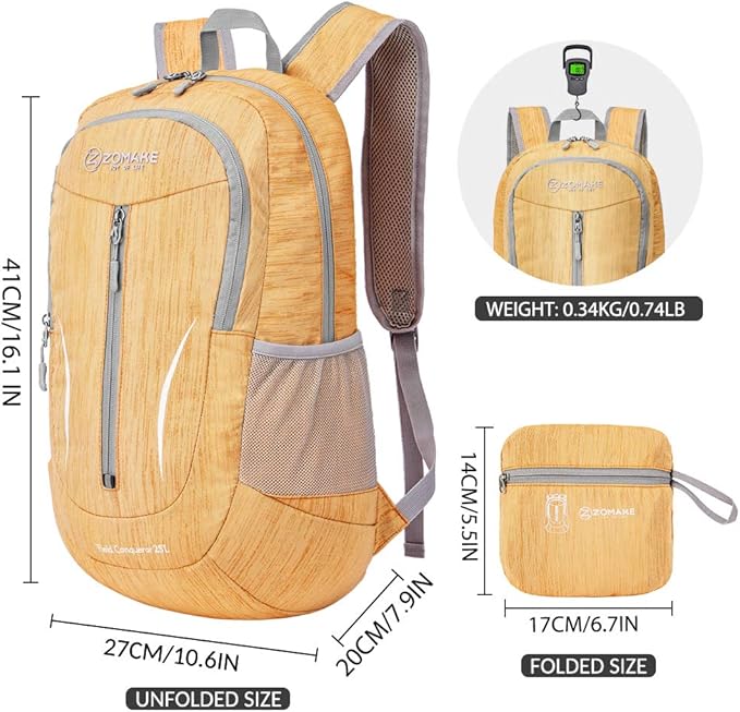 ZOMAKE 25L Ultra Lightweight Packable Backpack, Foldable Hiking Backpacks Water Resistant Small