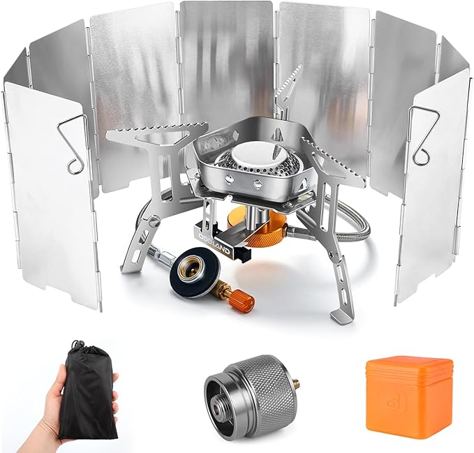 Odoland 3500W/6800W Windproof Camp Stove Camping Gas Stove with Windscreen, Fuel Canister Adapter