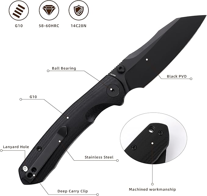 Folding Pocket Knife, 3.35" 14C28N Blade G10 Handle EDC Knife with Liner Lock, Small Pocket Knife