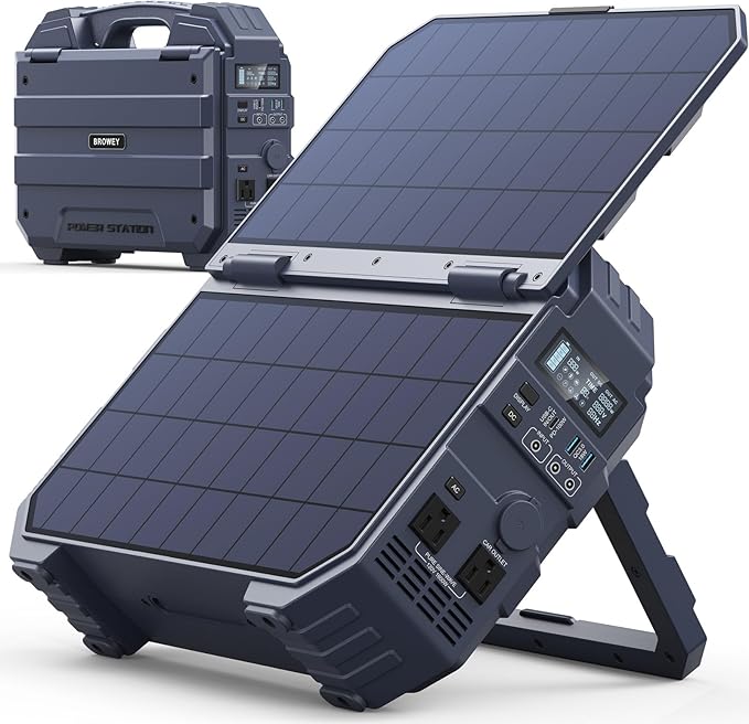 BROWEY 1600W (3200W Peak) Portable Power Station, 1024Wh LiFePO4 Battery with Built-in Solar Panel