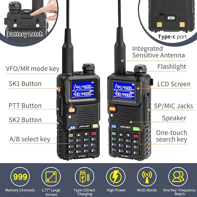 5RH Ham Long Range Radio 10W Radio (Upgraded of UV-5R), 999CH One Key Frequency Match, 2500mAh