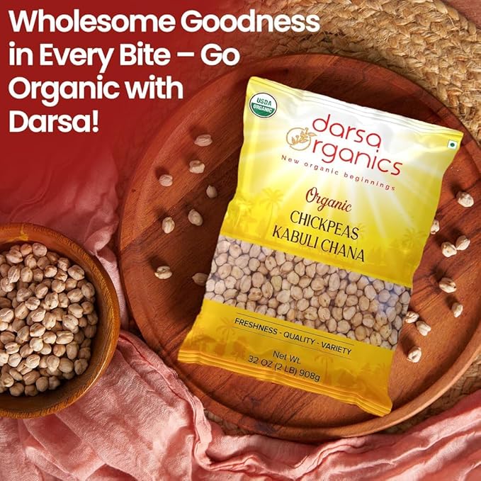 Darsa Organics Chickpeas (Garbanzo Beans) 2 lb | Kabuli Chana Dal | USDA Organic, Non-GMO, Kosher |