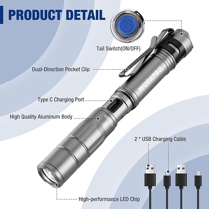 WORKPRO Rechargeable Pen Light, Mini Flashlight, 2 Pack Ultra-Compact EDC Flashlight, Pocket