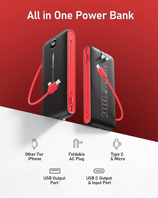 VEEKTOMX Portable Charger with Built in Cables 20000mAh, Power Bank for iPhone with AC Wall Plug