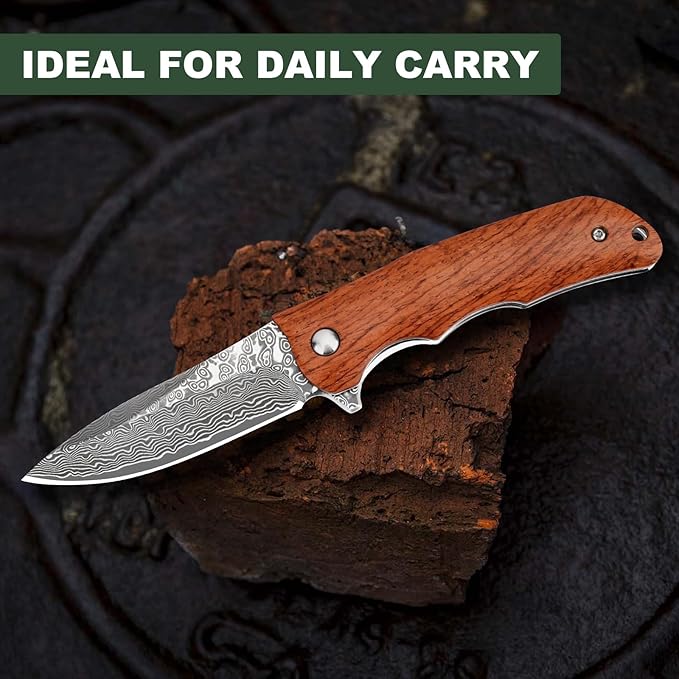 AUBEY Damascus Pocket Knife with VG10 Core, Wooden Handle, EDC Folding Knives for Men Outdoor