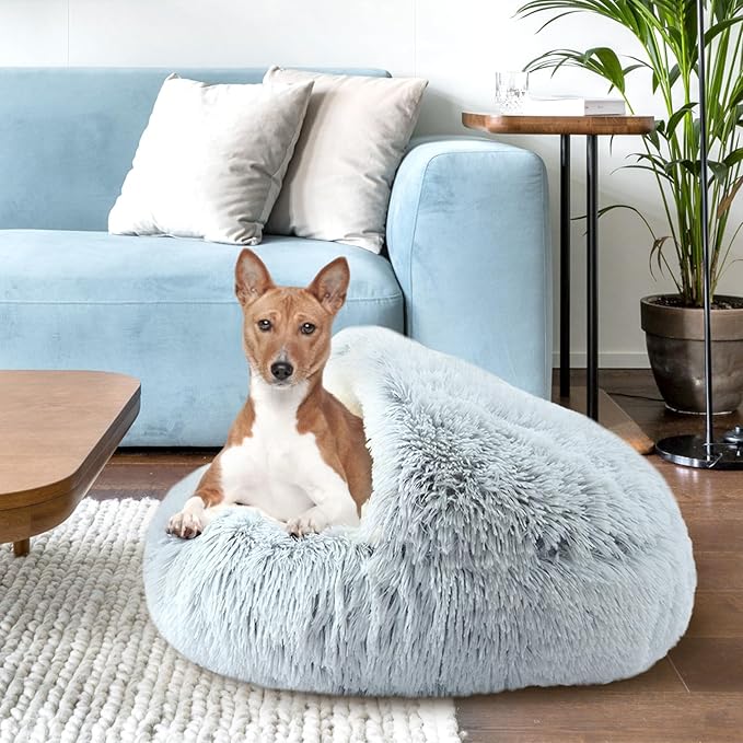 Calming Cat Beds, Fluffy Plush Round Cat Cave Washable, Cozy Warming Anti-Slip Small Dog Bed for