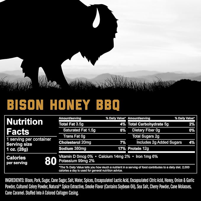 ICON Meats Bison and Pork Snack Sticks - Honey BBQ Flavor - 24 Pack of Individually Wrapped Jerky