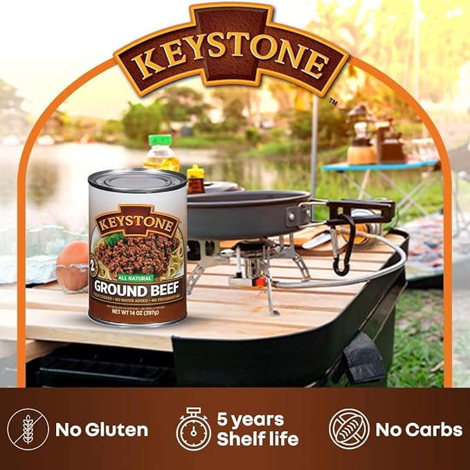 Keystone Meats All Natural Heat and Serve Ground Beef 14 oz – Fully Cooked Canned Meat – Ready to