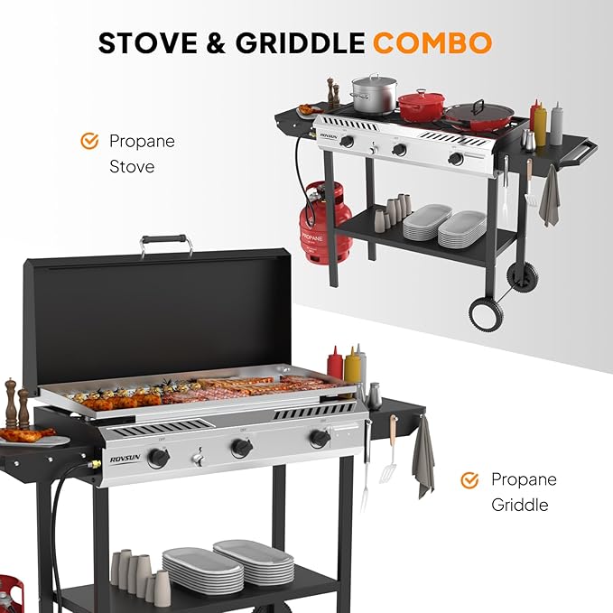 ROVSUN 3 Burner Outdoor Propane Gas Stove with Griddle, Ignition & Side Shelves, 225,000 BTU