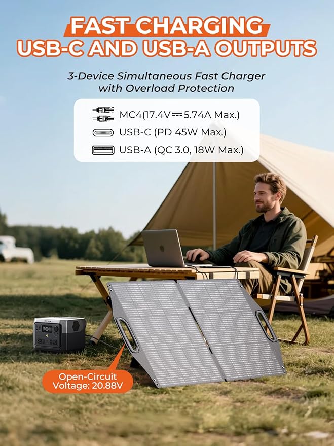BigBlue 100W Solar Panel w/USB-C(45W PD)+USB-A(Fast Charging 18W) & MC-4 Ports, IP68 Waterproof