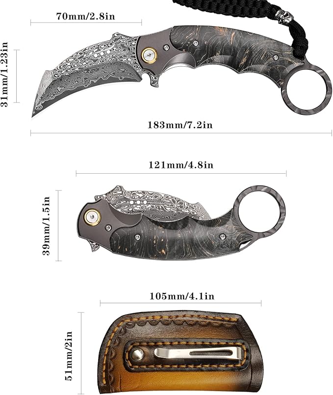 Handmade Damascus steel Folding Pocket EDCKnife，with cowhide sheath And pocket clipï¼?.8in blade