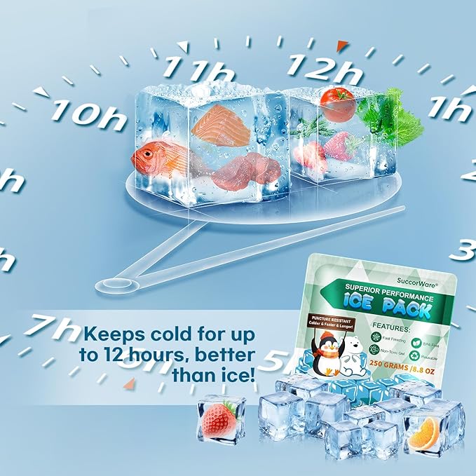 5 Packs Reusable Ice Packs for Lunch Boxes - 12+ Hour Cooling Ice Gel Pack for Camping, Beach