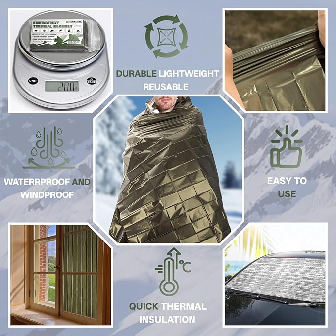 SecuCaptain Survival Emergency Thermal Blankets: Extra Large 84??x63??Space Mylar Blanket Kit for