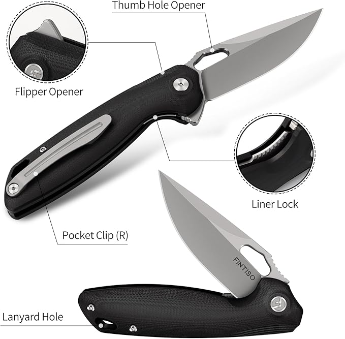 FINTISO Pocket Knife 3.38" Folding Knife Premium 14C28N Blade G10 Handle, Camping Survival Hiking