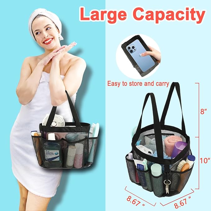 Mesh Shower Caddy Portable for College Dorm Room Essentials, 8-Pocket Large Shower Basket Tote Bag