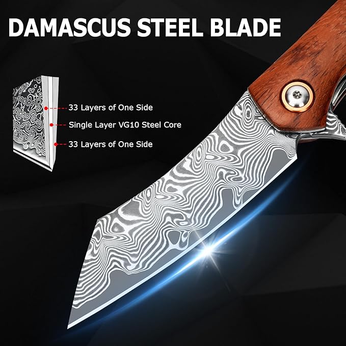 AUBEY Pocket Knife for EDC, 3.15" VG10 Core Damascus Steel Blade Folding Knife with Wood Handle